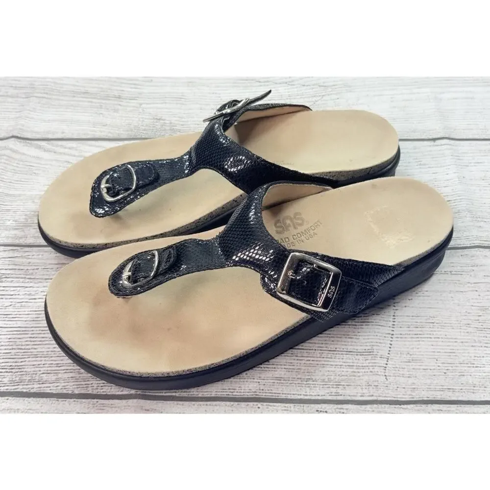 SAS Sanibel Slide Sandal Thong T Strap Buckle Adjustable Black Snake Size 8M